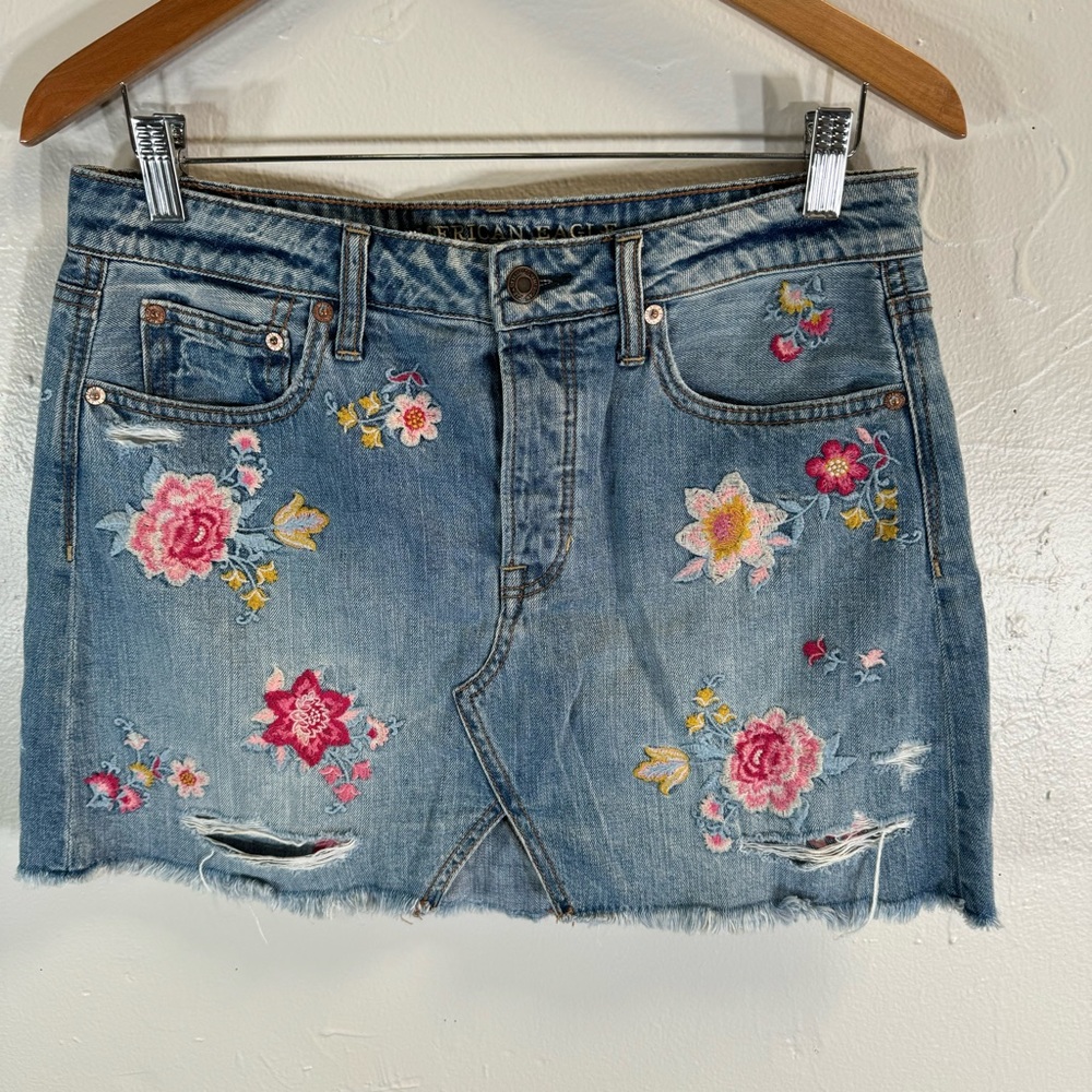 American Eagle Outfitters Floral Embroidered Denim Mini Skirt